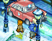 A snowy street with a red car and a figure under an umbrella