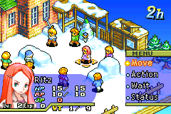 A battle on the snowy map: Ritz's portrait with her HP and MP, and the menu Move, Action, Wait, Status