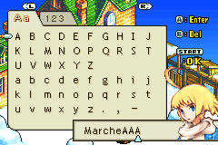The name entry screen with a letter grid and Marche's portrait