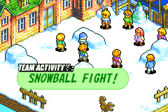 The school yard in snow, with the banner Team Activity: Snowball Fight!